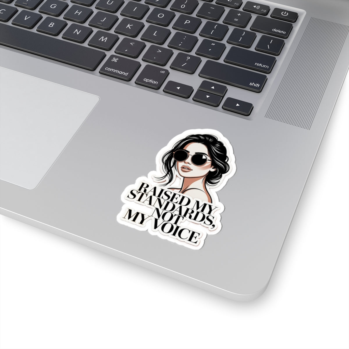 Kiss-Cut Sticker — Stylish Woman Illustration with "Raised My Standards, Not My Voice"