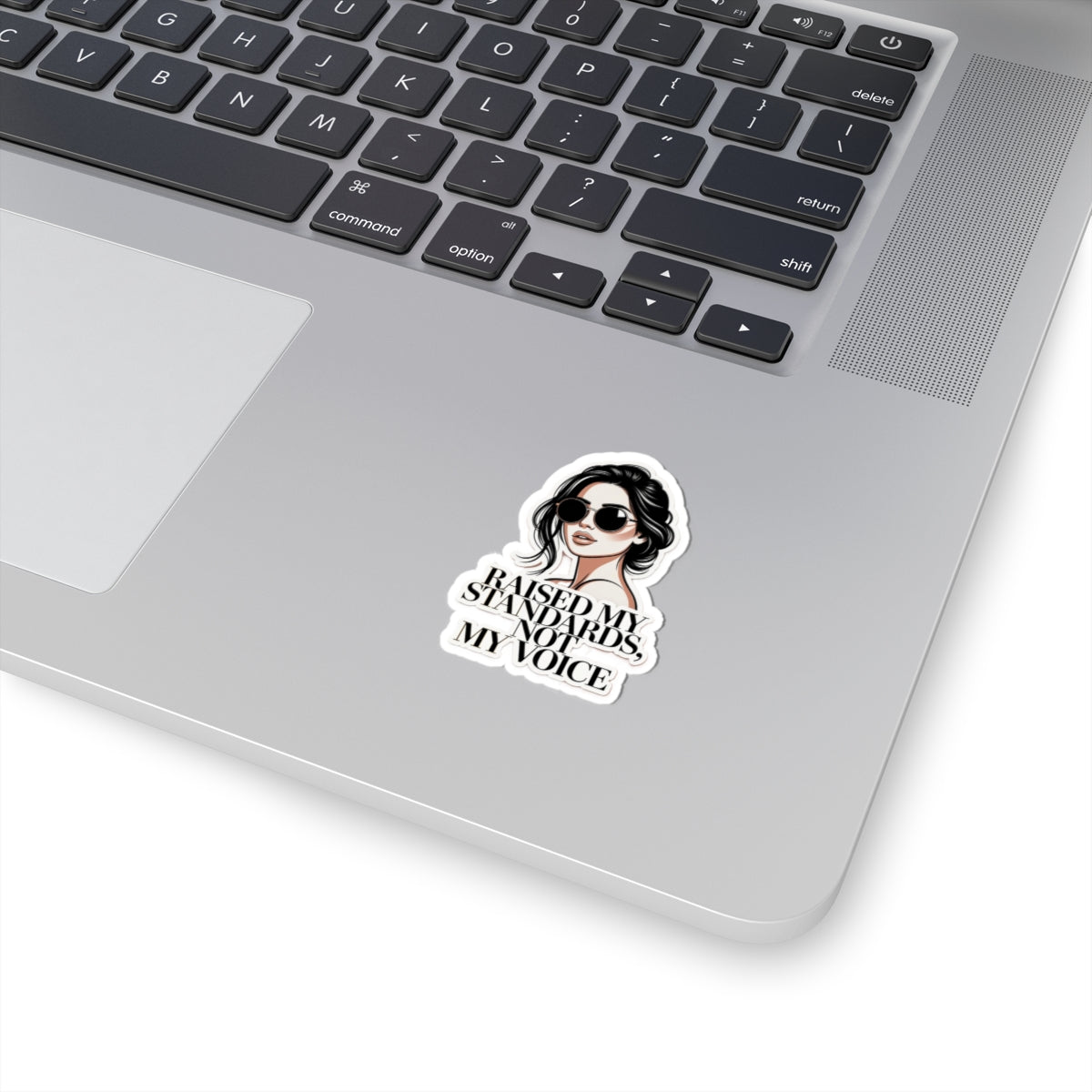 Kiss-Cut Sticker — Stylish Woman Illustration with "Raised My Standards, Not My Voice"
