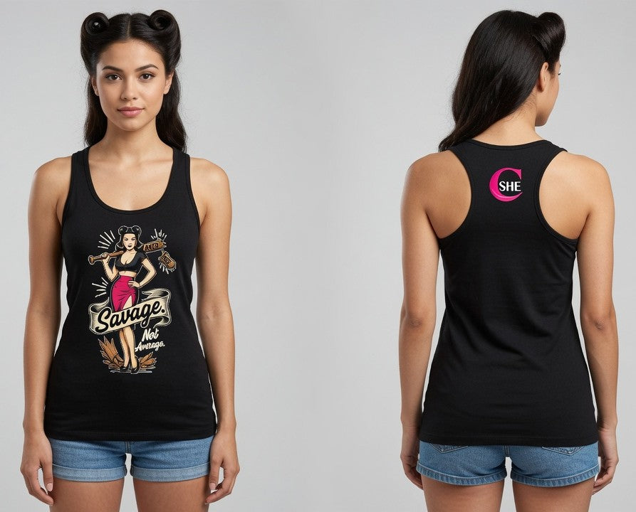 Savage Pin-Up Racerback Tank Top — Retro Badass Woman Graphic