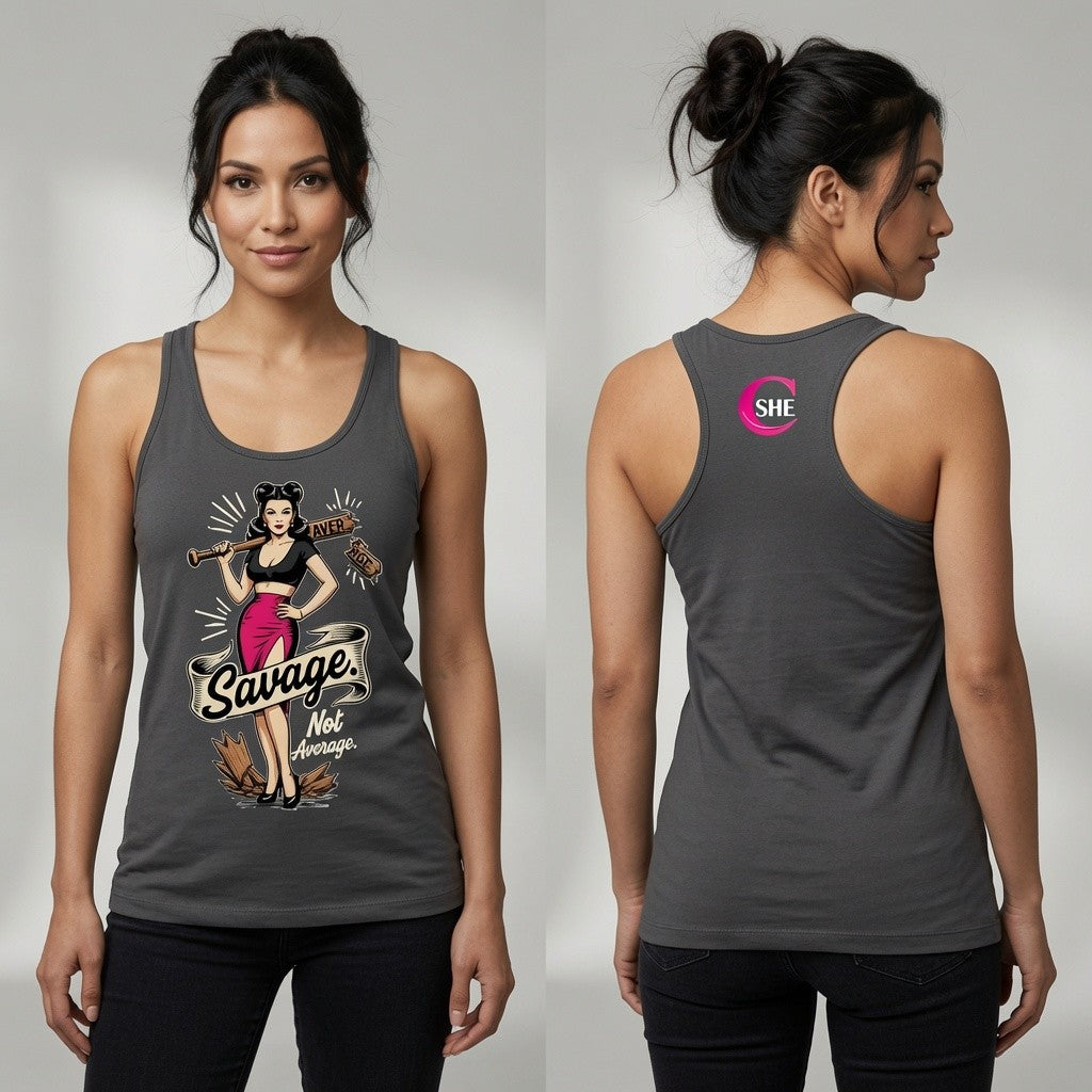 Savage Pin-Up Racerback Tank Top — Retro Badass Woman Graphic