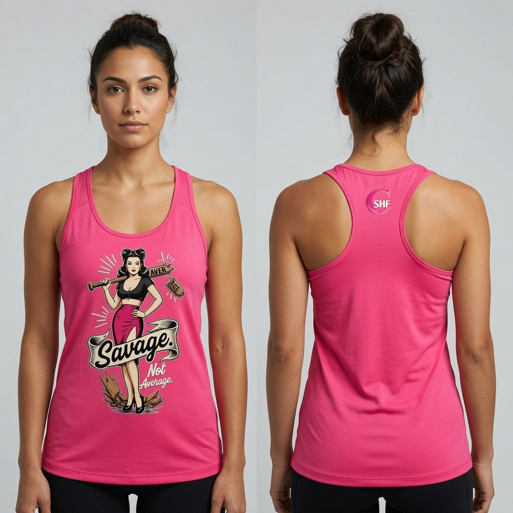 Savage Pin-Up Racerback Tank Top — Retro Badass Woman Graphic