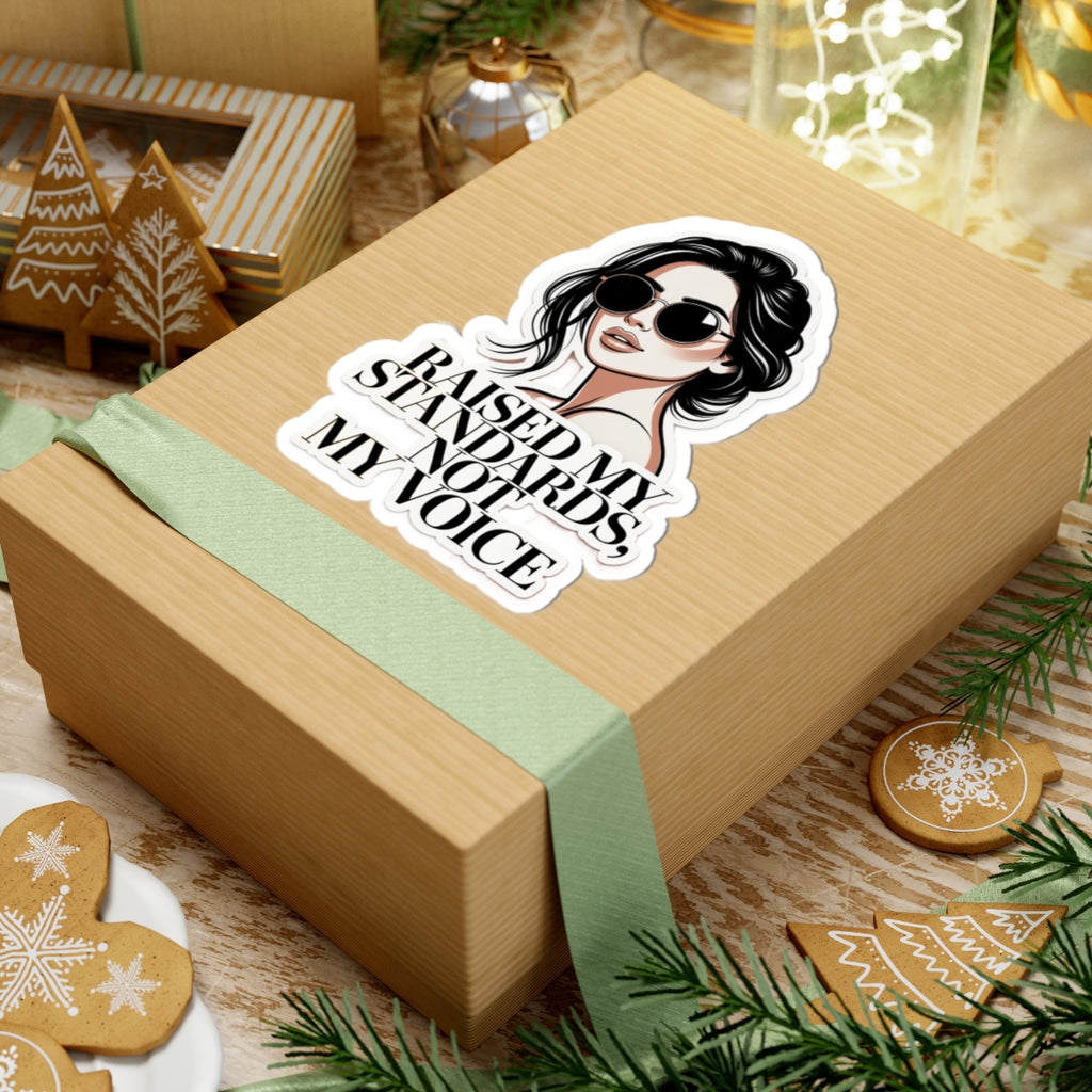 Kiss-Cut Sticker — Stylish Woman Illustration with "Raised My Standards, Not My Voice"